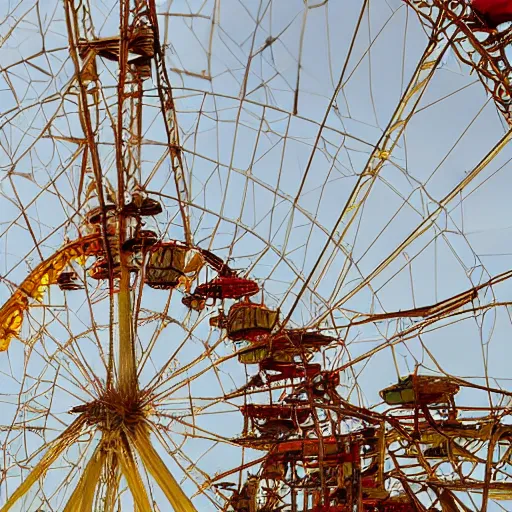 Image similar to an old abandoned rusty ferris wheel, in a town filled with pale yellow mist. Dystopian. Award-winning colored photo. OM system 12–40mm PRO II 40mm, 1/100 sec, f/2 8, ISO 800