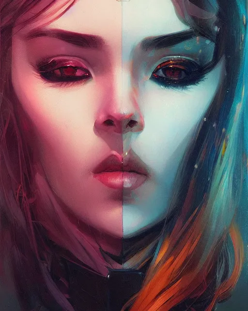 Image similar to dark portrait of a half - robot woman with cute - fine - face, pretty face, multicolored hair, realistic shaded perfect face, fine details by realistic shaded lighting poster by ilya kuvshinov katsuhiro otomo, magali villeneuve, artgerm, jeremy lipkin and michael garmash and rob rey