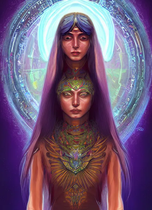 Image similar to portrait of a future metaverse ayahuasca tech shaman warrior, 2 d cartoon, visionary art, symmetric, magick symbols, holy halo, shipibo patterns, sci - fi, concept art, trending on art station, 8 k digital art, by mandy jurgens, fantasy portrait art, anime