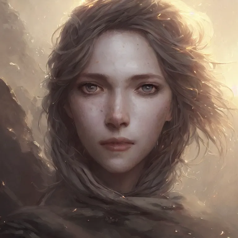 Image similar to a portrait of a beautiful hopeful lady with pretty eyes, beautiful eyes, highly detailed eyes, looking up onto the sky, light smiling, art of wlop and greg rutkowski, intricate, high details, epic fantasy art, bright light masterpiece, ray of light through white hair