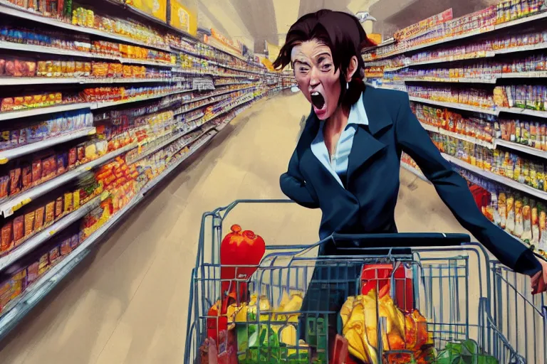 Prompt: incredible screenshot a screaming woman doing her grocery shopping in japanese combini, dynamic camera angle, deep 3 point perspective, fish eye, dynamic scene, by phil hale, ashley wood, geoff darrow, james jean, 8k, hd, high resolution print