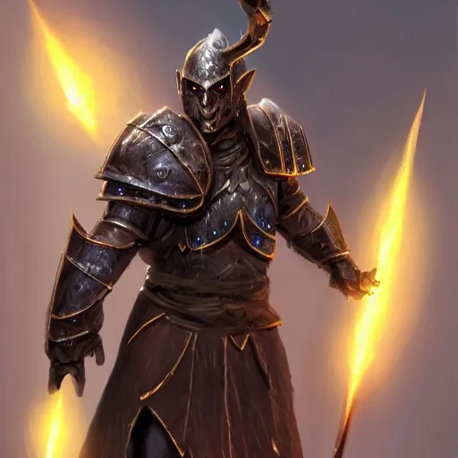Image similar to fantasy magic warrior, dungeons and dragons, heavily armored, magical aura, hyper realistic, 8k, weapon and shield, glowing eyes, elf orc hybrid
