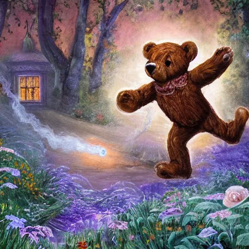 Image similar to breathtaking detailed concept art painting of a teddy bear chasing will-o-wisp in the garden, orthodox saint, ornate background