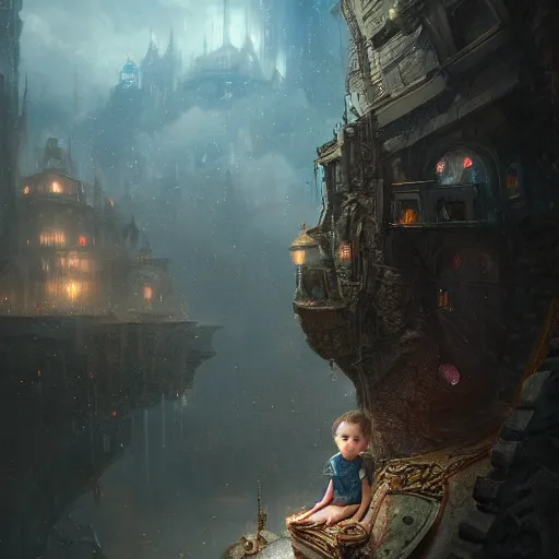 Prompt: a highly detailed matte painting portrait of a tiny child lost in an ai's enormous dream, in the style of greg rutkowski, ultra realistic, detailed, intricate, full of color, 4 k, hyperrealistic, focused, extreme details, masterpiece