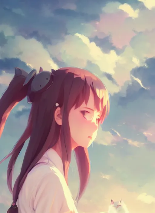 Image similar to portrait of cute catgirl, cloudy sky background lush landscape illustration concept art anime key visual trending pixiv fanbox by wlop and greg rutkowski and makoto shinkai and studio ghibli