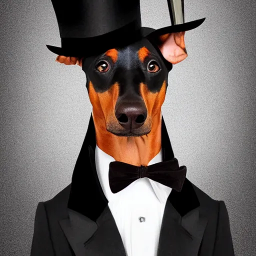 Prompt: doberman pinscher wearing a tophat and monocle and tuxedo, portrait photograph