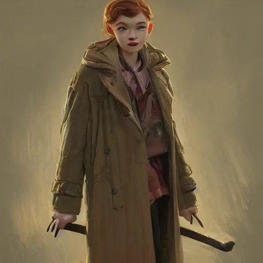 Image similar to a highly detailed epic cinematic concept art CG render digital painting artwork costume design: pixie cut Sadie Sink in a 1950s man's coat and hoodie. muted colors with some yellow accents. By Greg Rutkowski, Ilya Kuvshinov, WLOP, Stanley Artgerm Lau, Ruan Jia and Fenghua Zhong, trending on ArtStation, made in Maya, Blender and Photoshop, octane render, excellent composition, cinematic atmosphere, dynamic dramatic cinematic lighting, aesthetic, very inspirational, arthouse