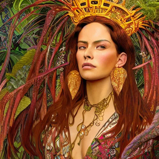 Prompt: portrait of a beautiful alluring female aztec queen in a dense jungle at sunset, detailed, centered, digital painting, artstation, concept art, donato giancola, alphonse mucha, Joseph Christian Leyendecker, WLOP, Boris Vallejo, Breathtaking, 8k resolution, extremely detailed, beautiful, establishing shot, artistic, hyperrealistic, beautiful face, octane render