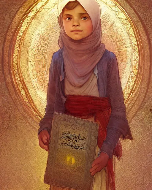 Image similar to a bedouin child infront of an big open quran highly detailed, gold filigree, romantic storybook fantasy, soft cinematic lighting, award, disney concept art watercolor illustration by mandy jurgens and alphonse mucha and alena aenami, pastel color palette, featured on artstation