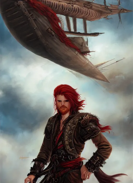 Image similar to an epic fantasy comic book style portrait painting of a long haired, red headed male sky - pirate in front of an airship in the style of eve ventrue