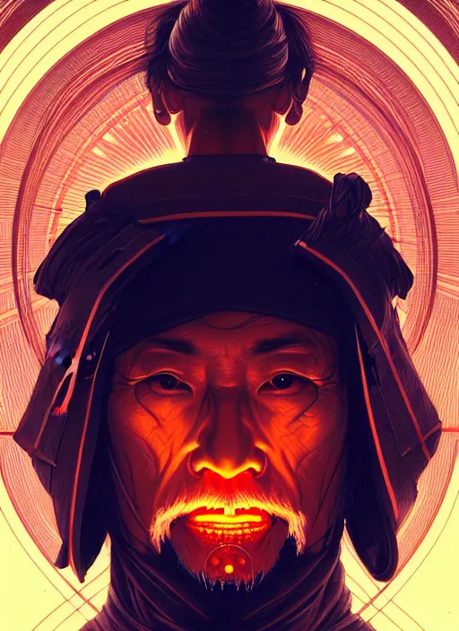 Image similar to symmetry!! portrait of old man japanese warrior, tech wear, glowing lights!! intricate, elegant, highly detailed, digital painting, artstation, concept art, smooth, sharp focus, illustration, art by artgerm and greg rutkowski and alphonse mucha