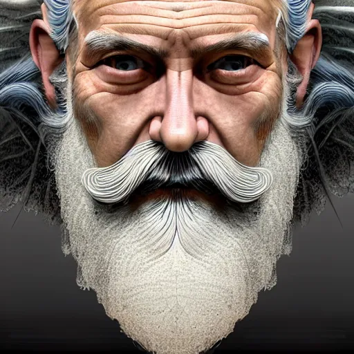 Image similar to hyperrealistic mixed media painting of stunning old man with glorious beard, stunning 3d render inspired art by P. Craig Russell and Barry Windsor-Smith, perfect facial symmetry, dim volumetric lighting, full full full full face face face face face 8k octane beautifully detailed render, headpiece headpiece headpiece, post-processing, portrait, extremely hyper-detailed, intricate, epic composition, brown brown brown eyes eyes eyes eyes, realistic realistic realistic eyes, cinematic lighting, masterpiece, trending on artstation, detailed detailed detailed, masterpiece, stunning