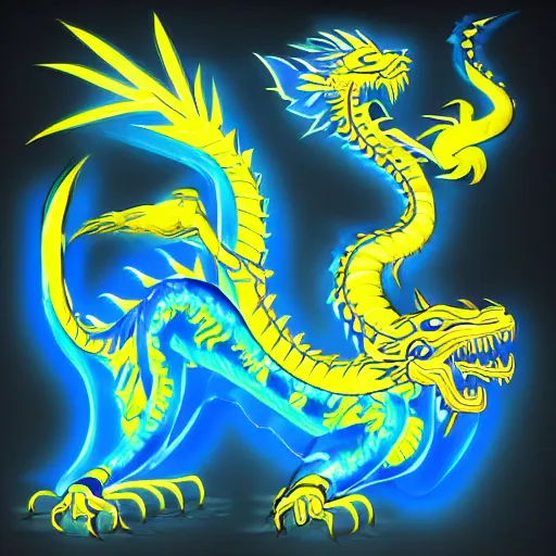 Prompt: illustration neon blue and yellow chinese dragon with ukraine background. trending on artstation