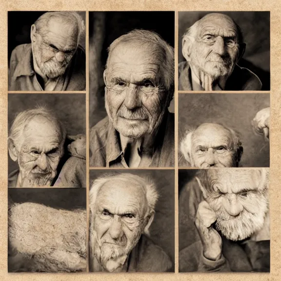 Prompt: portrait of an old man, sepia photography, gestalt scrapbooking montage