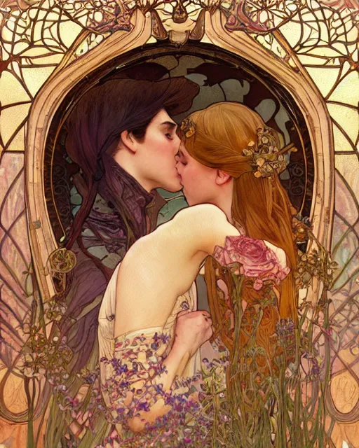 Prompt: the kiss | highly detailed | very intricate | art nouveau | gold filigree | romantic storybook fantasy | soft cinematic lighting | award - winning | watercolor painting by mandy jurgens and alphonse mucha and alena aenami | pastel color palette | featured on artstation