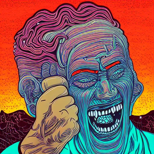 Image similar to portrait of head melting into another one, lava, laugh and surprise, by Dan Mumford