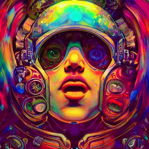 Image similar to An extremely psychedelic experience, colorful, surreal, dramatic lighting, cosmonaut, LSD, face, detailed, intricate, elegant, highly detailed, digital painting, artstation, concept art, smooth, sharp focus, illustration, art by Sam Spratt, Dan Mumford, Artem Demura and Alphonse Mucha