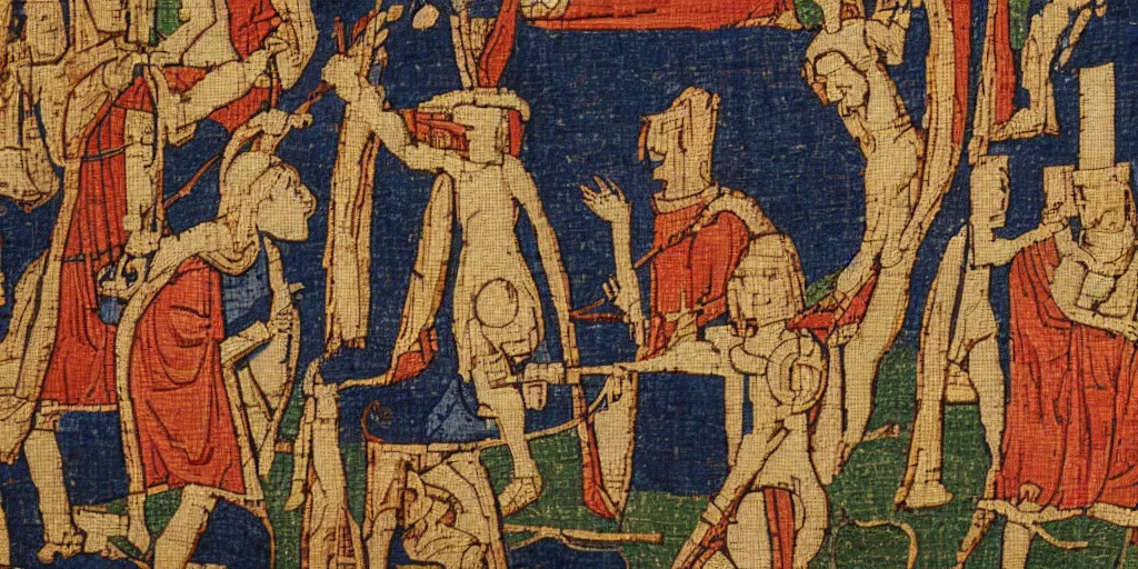 Prompt: a medieval tapestry depicting artificial intelligence replacing humans