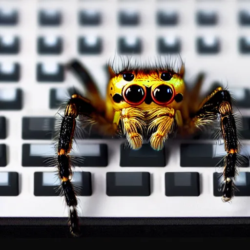 Prompt: a jumping spider using tiny computer keyboard tiny, by pixar, macro lens, iridescent, photomontage