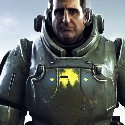 Image similar to Michael Scott in a fallout power armor, fallout4, rtx, raytracing, unreal engine, hyper realistic, sun rays