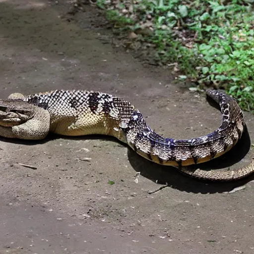 Prompt: rattlesnake and crocodile mutant hybrid animal realistic picture, taken in zoo