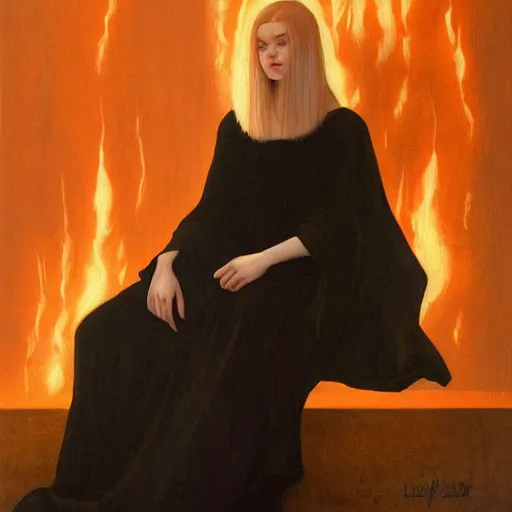 Image similar to Elle Fanning wearing black cultist robes in the style of Paola Vetri, a fire burns on the beach, head and shoulders portrait, stormy weather, extremely detailed masterpiece, oil on canvas, low-key neon lighting, artstation, Blade Runner 2049, Roger Deakin’s cinematography, by J. C. Leyendecker and Peter Paul Rubens and Edward Hopper and Michael Sowa,