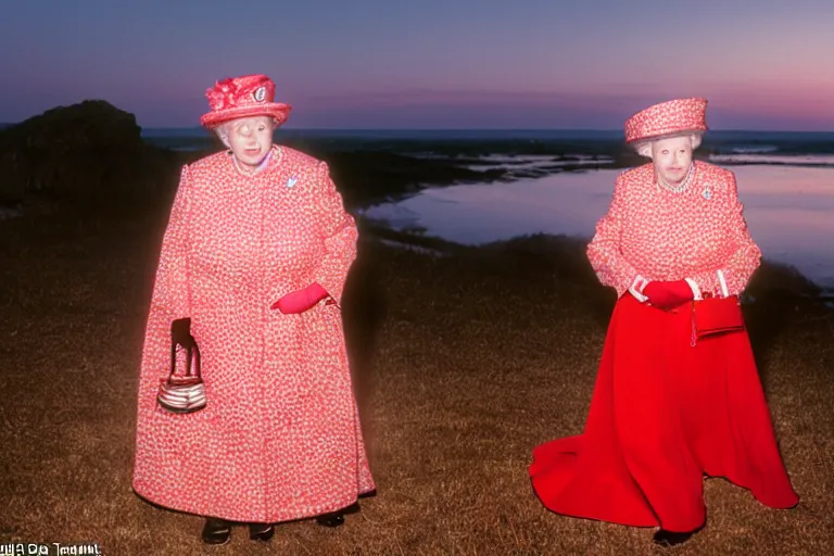 Image similar to the queen of england dressed like a crab, in 1 9 8 5, sunset view, royalcore, low - light photograph, photography by tyler mitchell