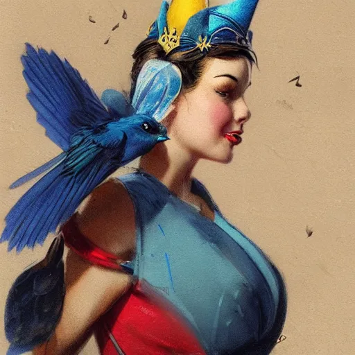 Image similar to a songbird wearing a crown, an indigo bunting, bird, blue canary, wearing a crown and bowtie by greg rutkowski, rossdraws, gil elvgren, enoch bolles, anime, very coherent