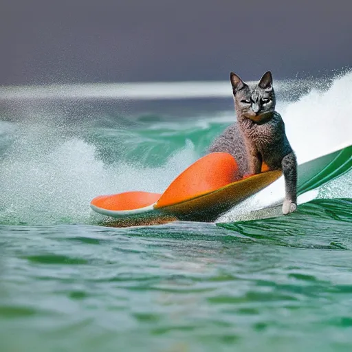 Prompt: A grey cat surfing on a lava lake