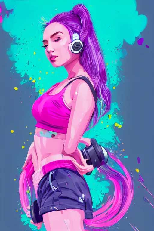 Image similar to a award winning half body portrait of a beautiful woman in a croptop and cargo pants with ombre purple pink teal hairstyle with head in motion and hair flying listenin to music on headphones by wlop, paint splatter, outrun, vaporware, shaded flat illustration, digital art, trending on artstation, highly detailed, fine detail, intricate