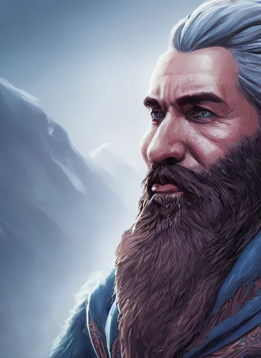 Image similar to A comic book style portrait painting of a wizard with a beard in a stunning fantasy landscape, unreal 5, DAZ, hyperrealistic, octane render, RPG portrait, dynamic lighting