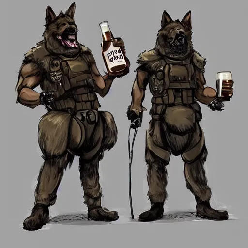 Image similar to two humanoid german shepherds beast - men in military style, they holding a beer, artstation, concept art, smooth, sharp foccus ilustration, artstation