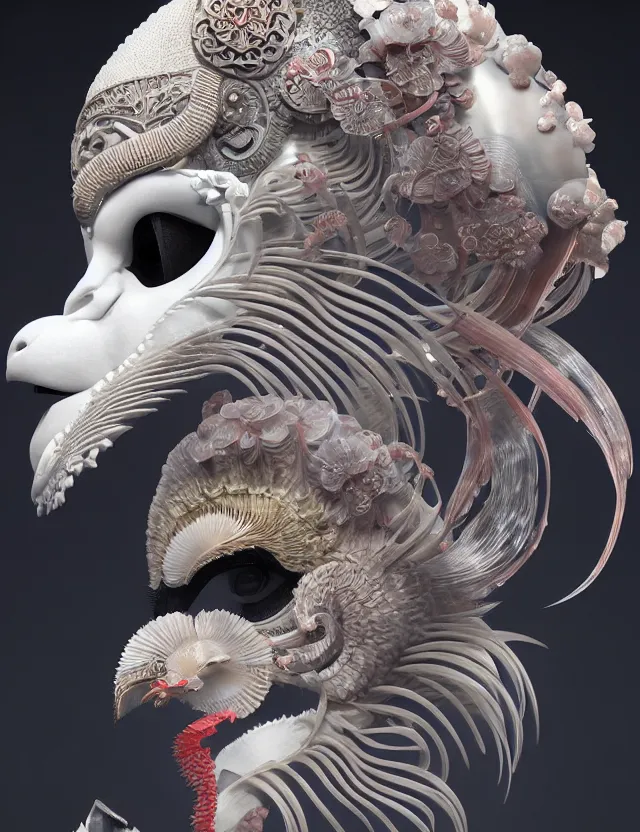 Image similar to 3 d goddess close - up profile portrait biomechanics with ram skull. beautiful intricately detailed japanese crow kitsune mask and clasical japanese kimono. betta fish, jellyfish phoenix, bio luminescent, plasma, ice, water, wind, creature, artwork by tooth wu and wlop and beeple and greg rutkowski