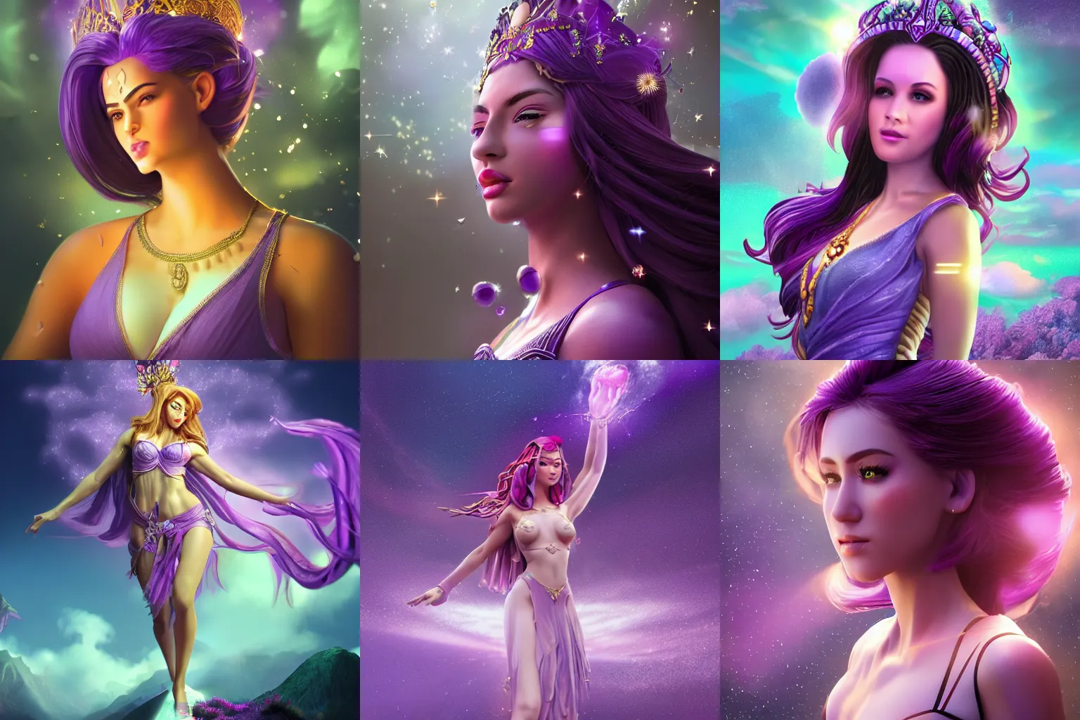 Prompt: a beautiful female goddess of the purple character, character is in all its glory, character is in her natural relaxed pose, rim lights, particles and dust in the air, fancy clouds, highly detailed professional photo, dynamic lights, particles are flying, depth of field, trending on artstation, professional illustration, hyper realistic, vray caustics, super detailed, colorful accents, cinematic shot