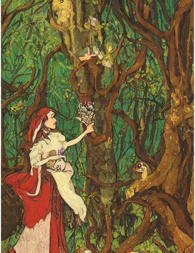 Image similar to middle eastern queen of the lichen woods. this heavily stylized oil painting by the beloved children's book illustrator has an interesting color scheme, plenty of details and impeccable lighting.