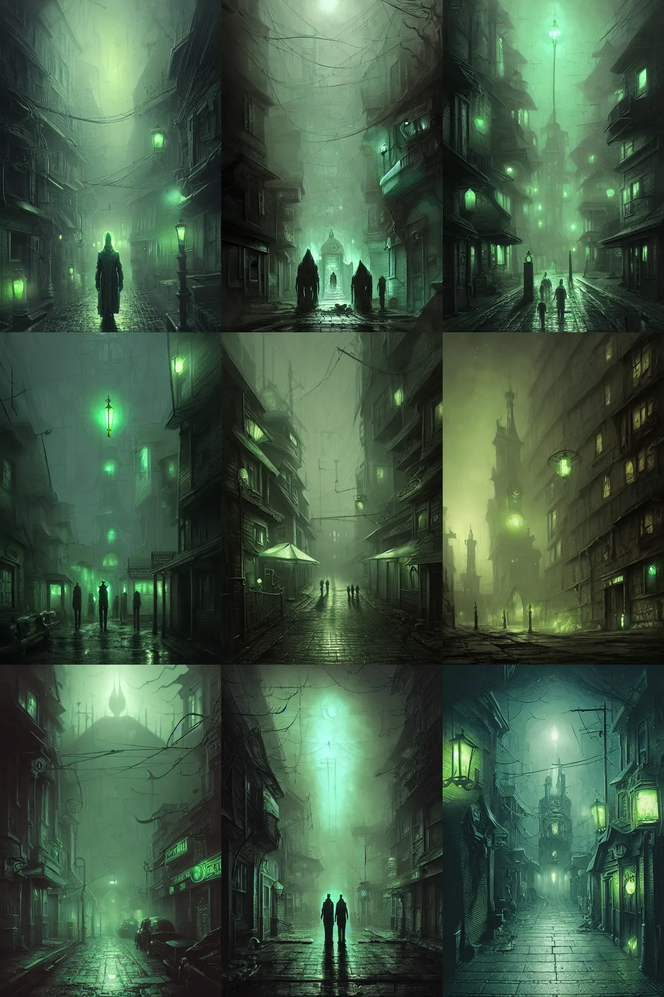 Prompt: streets of innsmouth town, green light dust, magnificent, close up, sharp focus, evil fluid, negative energy, horror, creepy, serious, giger style, highly detailed, illustration, by jordan grimmer greg rutkowski wlop maya takamura, intricate, trending artstation, pixiv, digital art