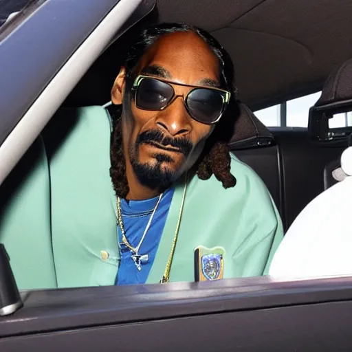 Image similar to Snoop Dogg is sitting in a police car wearing a cap C-11