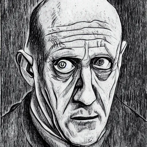 Prompt: mike ehrmantraut drawn by junji ito. spiral hole in head