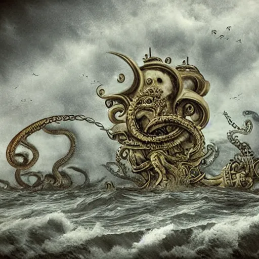 Image similar to an impossibly huge pirate ship, being attacked by a kraken, giant tentacles. 2010s photograph