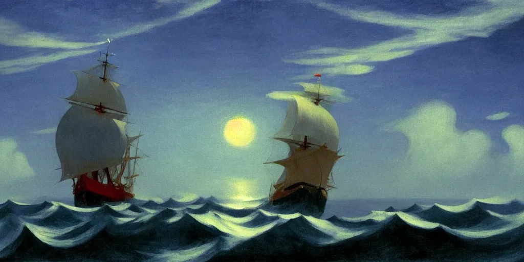 Prompt: Pirate ship sailing in a sea of clouds by Edward Hopper, star lit sky, 4k