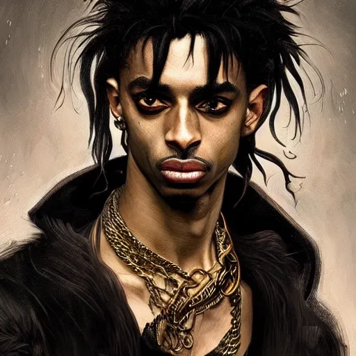 Image similar to dark fantasy character portrait of Playboi Carti as a vampire, dystopian mood, intricate, wild, highly detailed, digital painting, artstation, concept art, smooth, sharp focus, illustration, art by artgerm and greg rutkowski and alphonse mucha