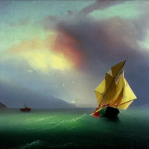 Prompt: red clouds and green ocean in iceland fjord with sailboat painting by ivan aivazovsky