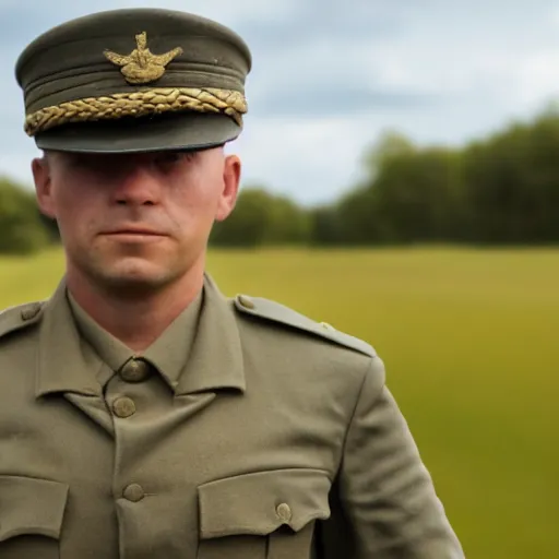 Image similar to a german officer holding his officer cap, movement blur, he is running across a dirt field, taken on a ww 2 camera, realistic.