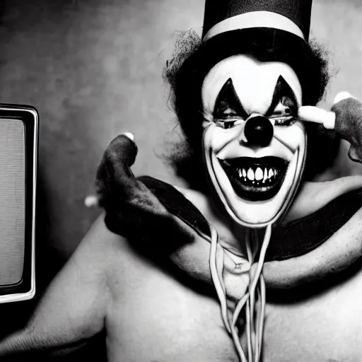 Prompt: Vampire clown with wires in his head watches old retro TV in a shabby motel room