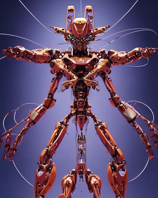 Image similar to full profile of evangelion alien mecha, eva unit 0 1 as vitruvian man, shiva god by james jean and moebius, biomechanical, ultra wide angle, full body, no crop, golden ratio, ultra details, in the style of shusei nagaoka, hokusai background