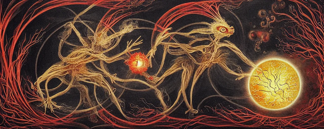 Image similar to a strange fire creature with endearing eyes radiates a unique canto'as above so below'while being ignited by the spirit of haeckel and robert fludd, breakthrough is iminent, glory be to the magic within, in honor of saturn, painted by ronny khalil