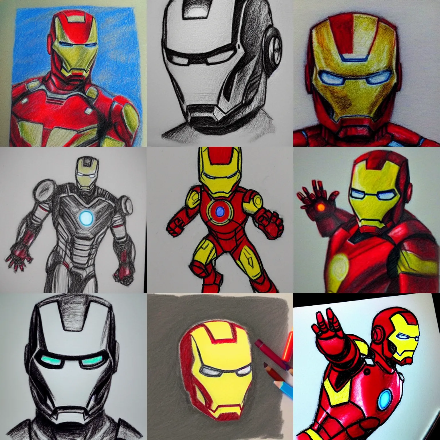 Prompt: infant's sketch of Iron Man, crayon drawing