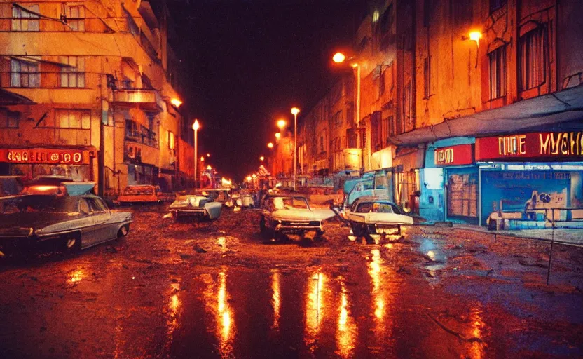 Prompt: 70s movie still of a soviet street from Sarajevo in 1960s , Cinestill 800t 18mm, heavy grainy picture, neon billboards at night, rain, mud