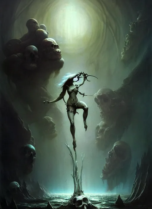 Prompt: shackled in styx river of the underworld, frank frank frazetta and cgsociety, stunning sasquatch, blood splatters, charlie bowater and tom bagshaw, insanely detailed, deviantart, space art, atoms surrounded by skulls, death, and spirits deep water, horror, sci - fi, surrealist painting, by peter mohrbacher