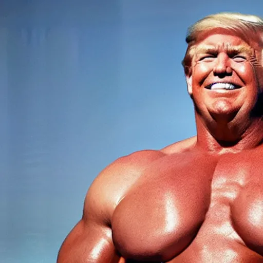 Image similar to extremely buff Donald Trump, steroids, testosterone, lifting weights, laughing, surrounded by women in swimsuits